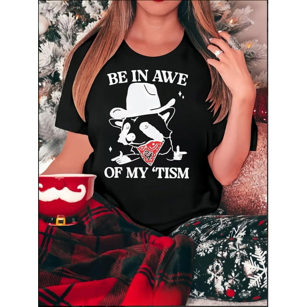 Casual Crew Neck T-Shirt with Cowboy Dog Graphic - Polyester Knit Fabric Blend, Animal Pattern, Comfortable Stretch, Fashionable Casual Style for All Seasons