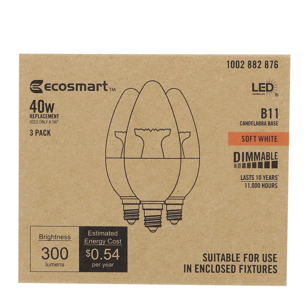 EcoSmart 40-Watt Equivalent B11 Dimmable LED Light Bulb Soft White (3-Pack)