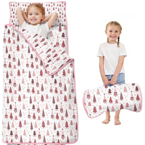 Pink Christmas Tree Pattern Toddler Nap Mats for Kids Preschool,50"x20" Sleeping Mat Bag or Kids,Toddler Sleeping Bag,Toddler Nap Mat or Daycare