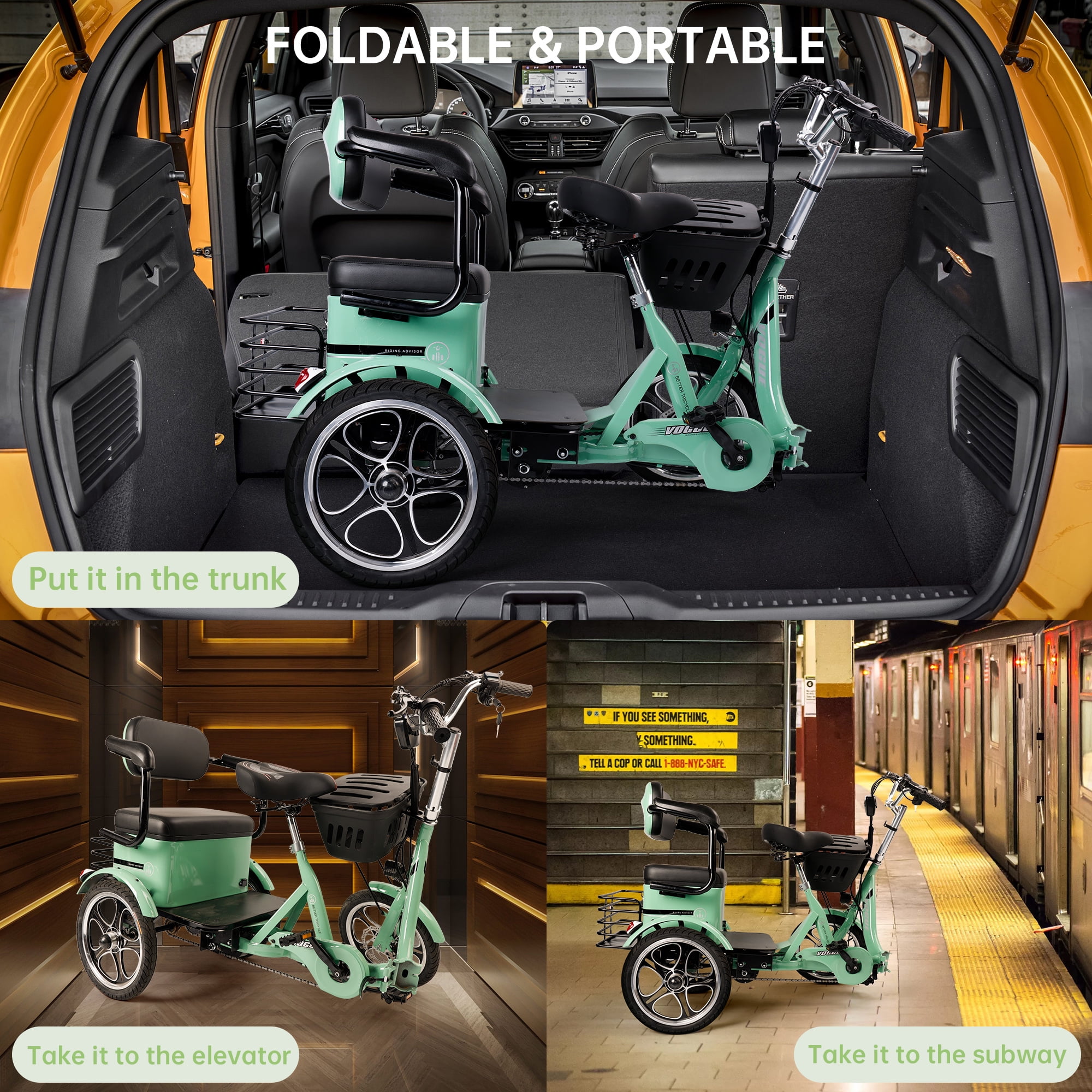 VIPQV Electric Tricycle, 400W Folding Trike Ebike 16", 3 Wheel Electric Tricycle, 14MPH Max Speed, Up to 34 Miles , 48V 12AH UL2849 Tricycle for Adults