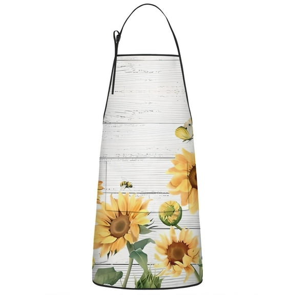 White Sunflower Bee Butterfly Pattern Apron-Garden Aprons for Women with Pockets-Cotton Linen Waterproof Kitchen Cooking Gardening Aprons Adjustable for Kitchen,Cooking,BBQ and Salon 33x27 Inch