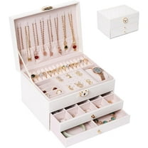 Jewelry Box for Women Girl Wife - Large PU Leather Jewelry Organizer Storage Case with 3 Layers Display for Earrings Bracelets Rings Watches (White)