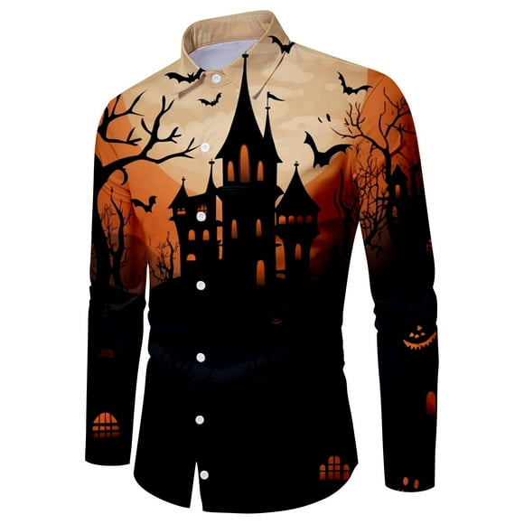 SNOWSONG Clearance! Halloween Shirts for Men, Button Down Shirt Men's Fashion Casual Halloween Printed Long Sleeve Shirt Slim Lapel Shirt, Long Sleeve Shirts, Graphic Shirt Black L