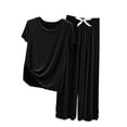 thumbnail image 1 of KIHOUT Conjunto de pijama de dos piezas de verano para mujer, liso, de talla grande, con cuello redondo, manga corta y pantalones capri con cintura elástica, holgado y cómodo, conjunto de pijama, 1 of 3