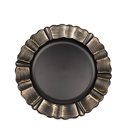 

BalsaCircle 24 Black Gold 13 Acrylic Wooden Textured Round Scalloped Trim Plastic Charger Plates
