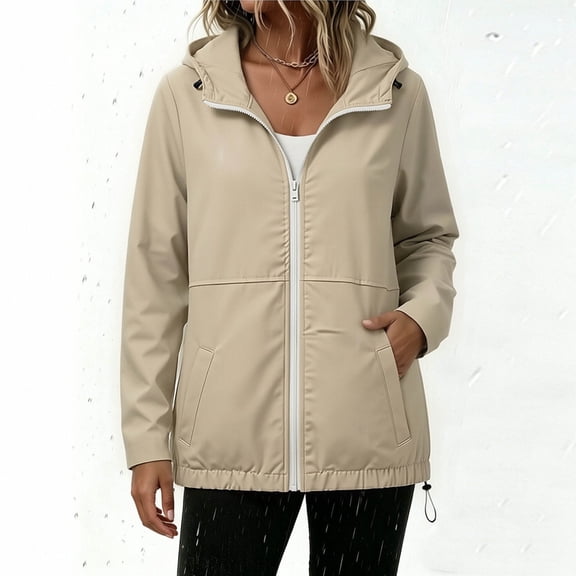 Women's Waterproof Raincoat Lightweight Rain Jacket Hooded Windbreaker with Pockets for Outdoor Khaki S