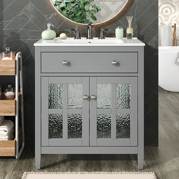 YINGYING 30" Bathroom Vanity with Ceramic Sink, Freestanding Bathroom Cabinet with Adjustable Shelf & Tip-Out Tray Bathroom Vanity Cabinet