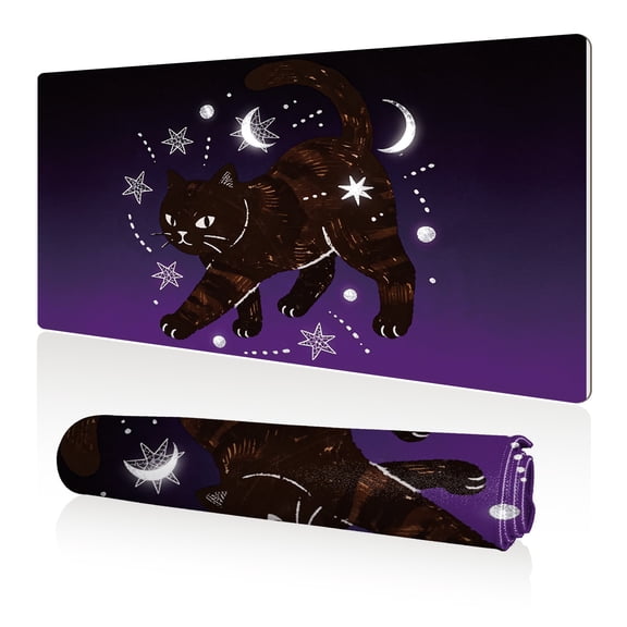 LIVEKEY Mouse Pad 80x40x0.3cm Black Cat with Stars and Moon in Purple Sky Extra Large Full Desk Coverage Non Slip Durable Easy Clean Stitched Edges for Gaming and Office