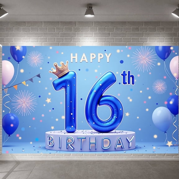 Blue Theme Happy 16th Banner Crown Design Sweet 16 Display Balloon Decor Firework Pattern 16th Birthday Backdrop for Sweet 16 Party Teenage Birthday Indoor Celebration