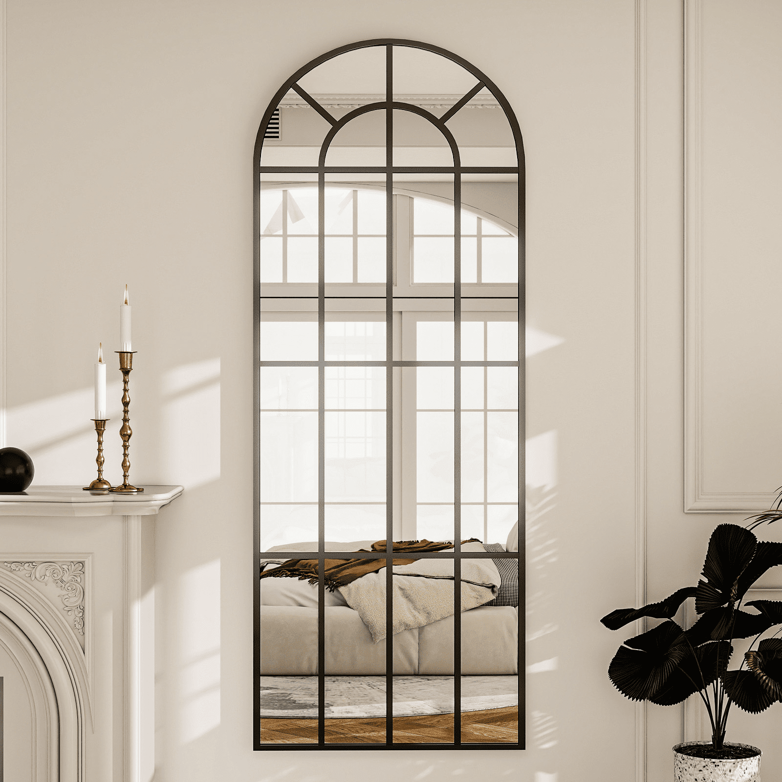 Anyrose 69"x25" Full Length Mirror Arched Windowpane Floor Wall-Mounted Mirror, Black