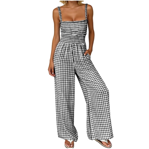 Kilaqueen Womens One Piece Jumpsuits for Summer Casual Plaid Gingham Wide Leg Jumpsuits Spaghetti Straps Long Smocked Overalls Rompers with Pockets