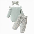 thumbnail image 3 of NOLDARES Newborn Baby Girl Clothes Infant Romper Fall Winter Outfits Gifts for Girls Cute Bell Bottoms Pant Sets 3Pc(Light Green,12-18 M), 3 of 9