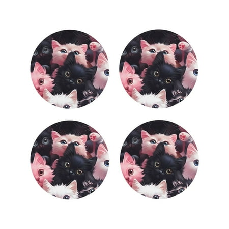 

Fuzoiu Cute Kittens Group Portrait Print Leather Coasters Set Drink Coasters Set of 4 for Tabletop Protection Durable PVC Coasters Home Décor and Housewarming Gift-Round Shape