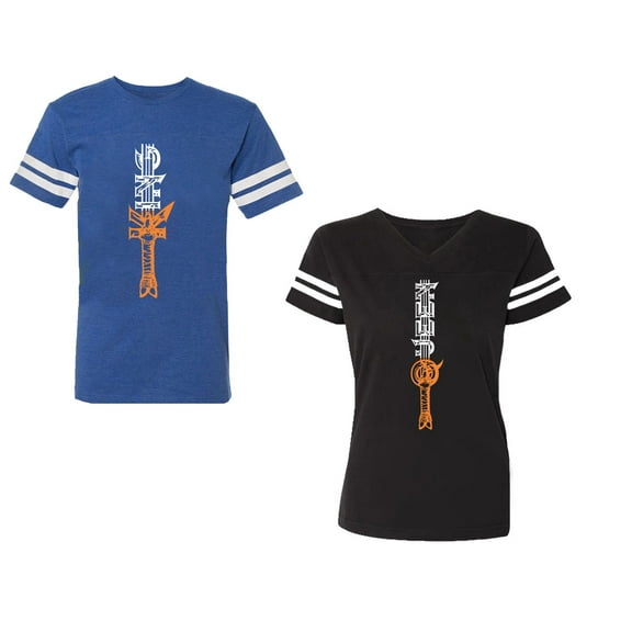 King Queen Sword Unisex Couple Matching Cotton Jersey style T-Shirt Contrasting stripes on sleeves (Men Royal / Women Black) (Men S / Women S)