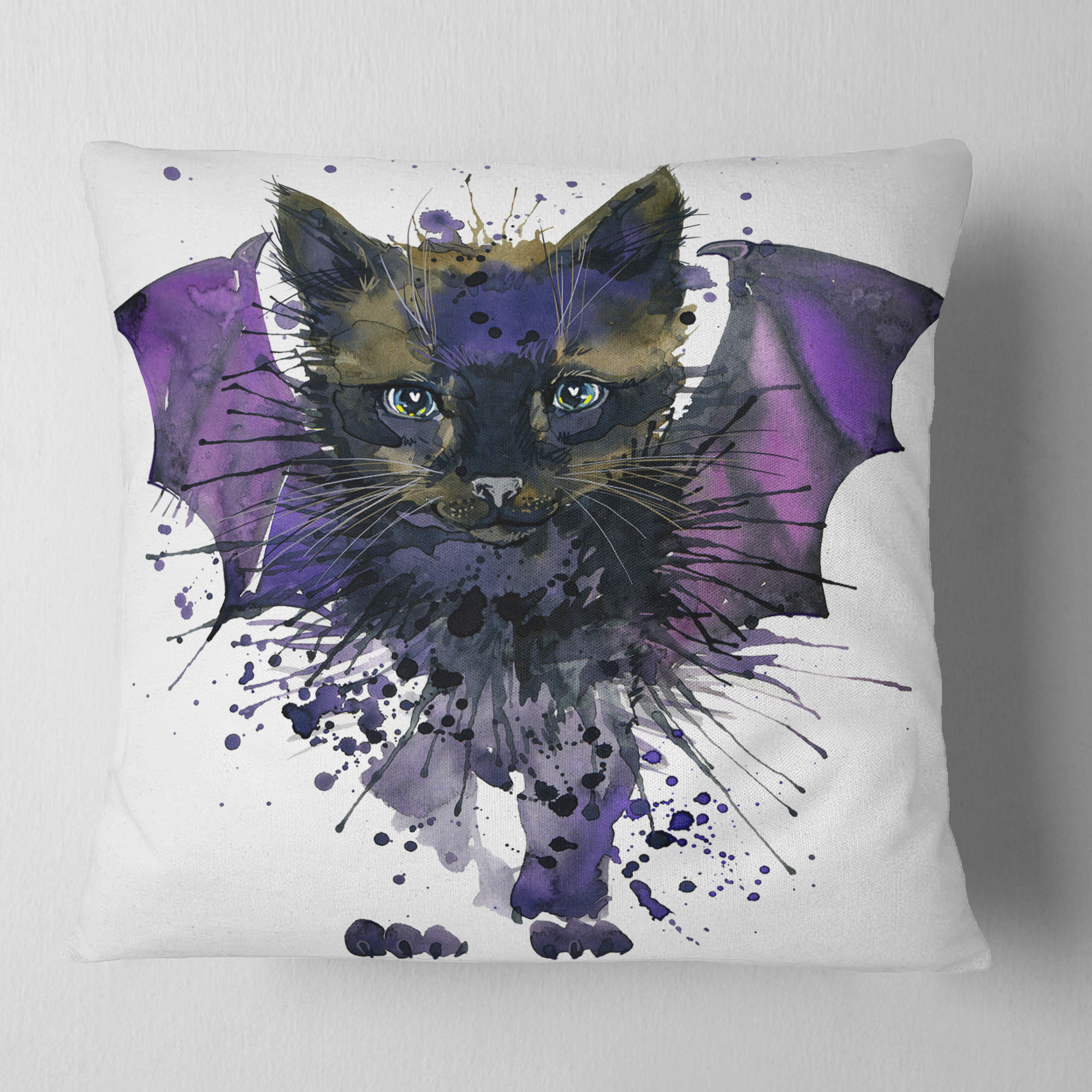 Designart Black Cat with Blue Wings - Animal Throw Pillow - 18x18