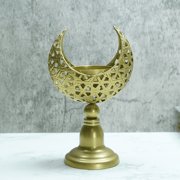 Iron Candle Holder, Gold Moon Shape Design, Hollow-Carved Metal Table Decoration, Aromatherapy Furnace, Elegant Centerpiece for Ramadan, Religious Event, Living Room, Study, Bedroom