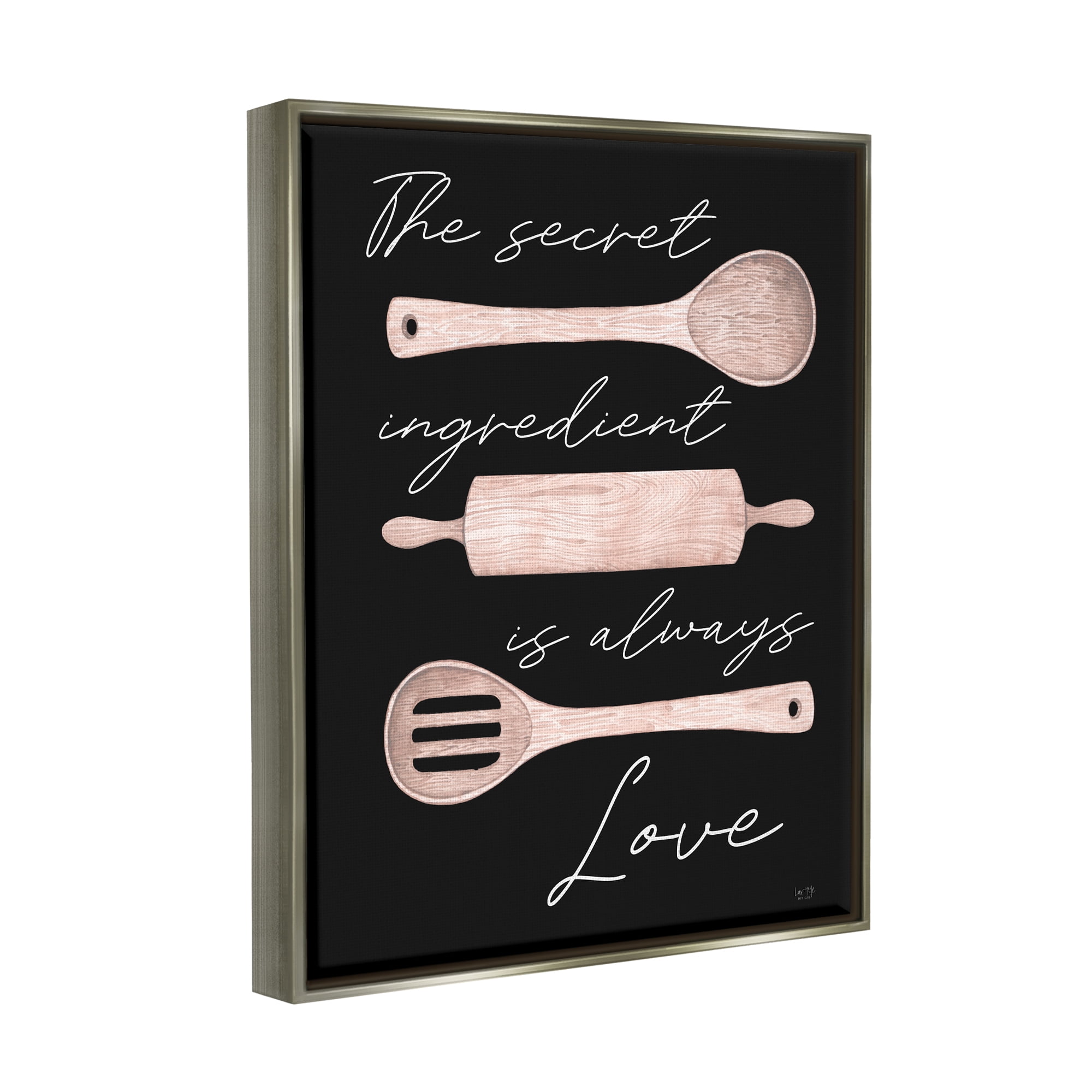 Stupell Industries Secret Ingredient Love Romantic Baking Utensil Quote Graphic Art Luster Gray Floating Framed Canvas Print Wall Art, Design by Lux + Me Designs