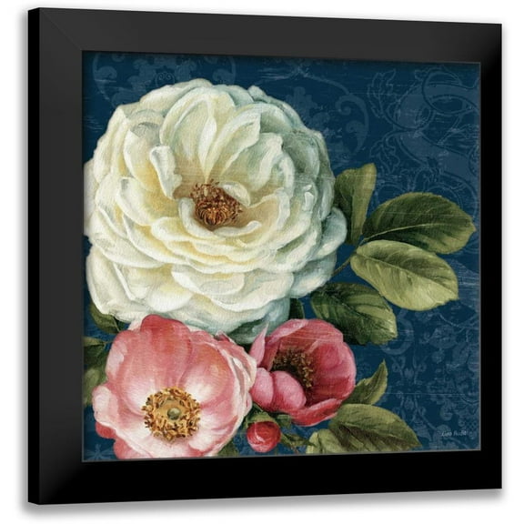 Audit, Lisa 12x12 Black Modern Framed Museum Art Print Titled - Floral Damask II on Indigo