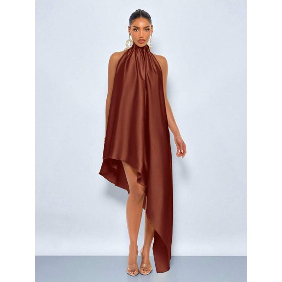 Brown Satin Halter Neck Asymmetrical Maxi Dress, Sleeveless, Backless, Elegant Party & Evening Wear