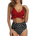 thumbnail image 5 of Trajes de baño de dos piezas para mujer, bikini con volantes de cintura alta, cuello en V, traje de baño con control de barriga, lunares rojo oscuro (L-lunares rojo oscuro-L oso de fresa Electrónica, 5 of 5