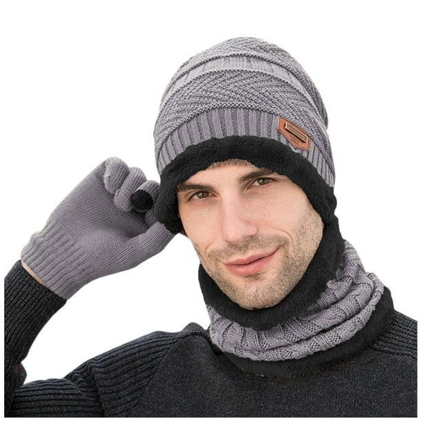Men's Winter Knitted Fleece Windproof Hat Scarf Gloves Three-piece ...