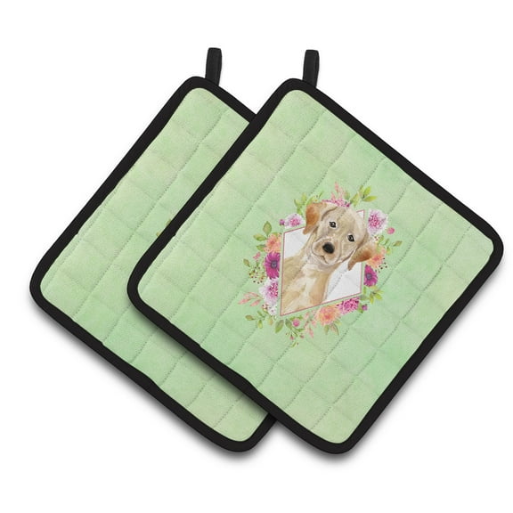 Carolines Treasures CK4387PTHD Yellow Lab Green Flowers Pair of Pot Holders 7.5HX7.5W multicolor