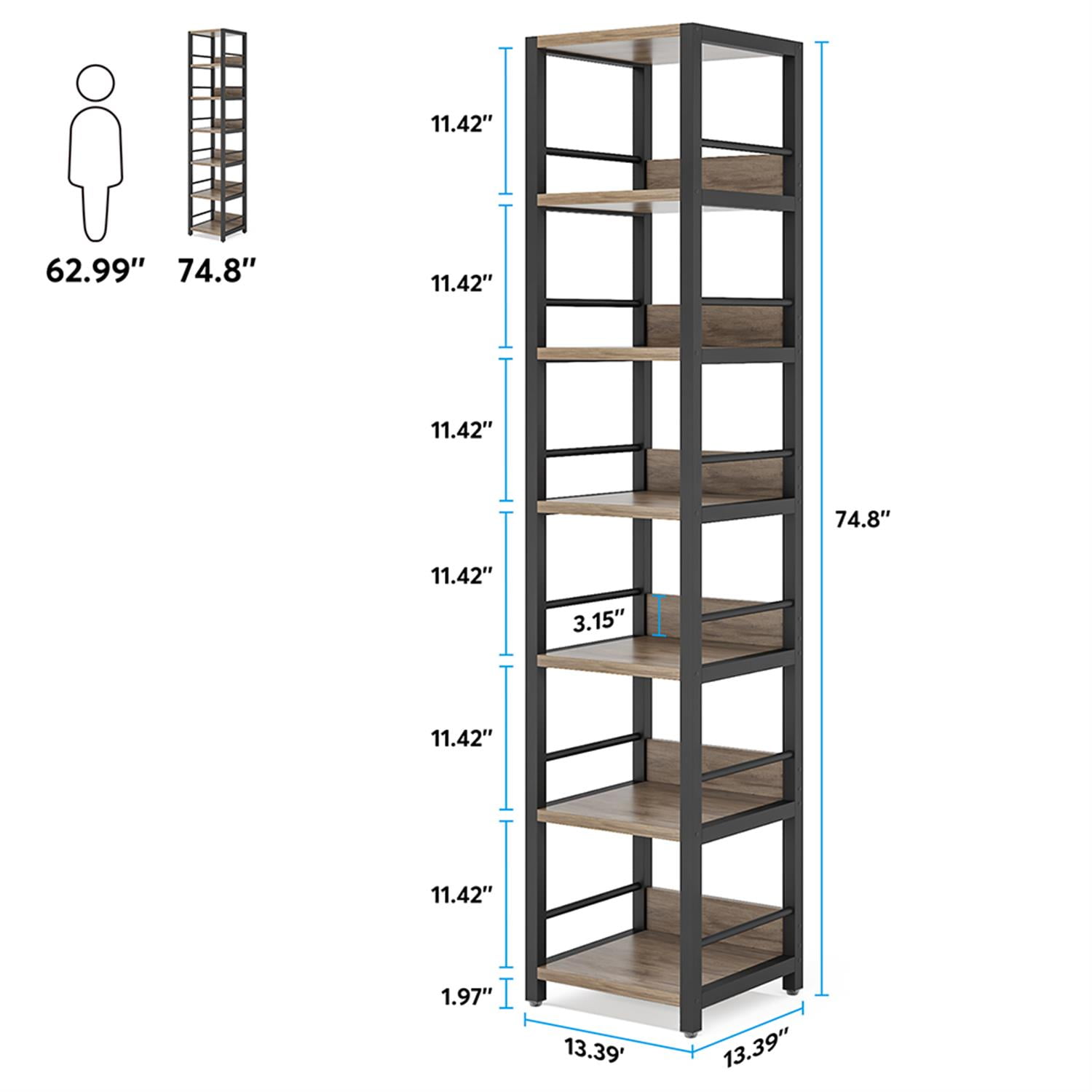 Demi Bonn 6-Tier Corner Shelf, 74" Narrow Etagere Bookshelf Storage Rack for Bedroom, Living Room, Gray