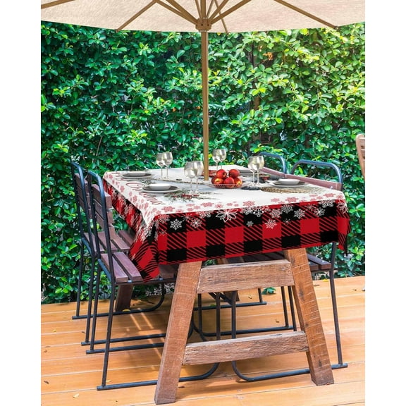 Red Plaid Christmas Outdoor Tablecloth - 60x84 Inch Rectangle Dining Table Cover, Snowman Xmas Berry Birds Waterproof Outdoor Table Cloth with Umbrella Hole & Zipper for Picnic/Patio/Party