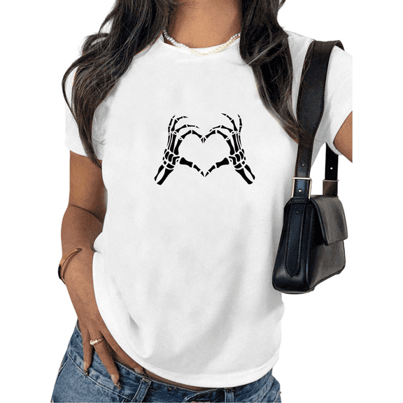 Women's Dark Romance T-Shirt - Skeleton Hands Heart Print Short Sleeve Tee - Gothic Valentine's Date & Edgy Casual Everyday Wear Tops