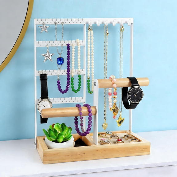NKFPAEK Jewelry Organizer Stand, Jewelry Organizer Display, 4 Tier Earring Holder with 48 Holes and 6 Hooks, Organizer for Watches, Bracelet, Necklace, Earring Ring