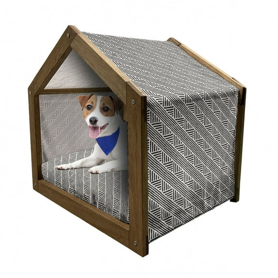 Geometric Pet House, Hand Drawn Pattern with Diagonal Lines and Chevron-like Zigzag Design, Outdoor & Indoor Portable Dog Kennel with Pillow and Cover, 5 Sizes, Ivory and Black, by Ambesonne