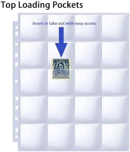 30 Pack 600 Pockets 2x2” Coin Flip Sleeves, Heavy Duty Stamp Collection Pages for 3 Ring Binder, 20 Pocket Photo Slide Flips Organizer Sheet, Top Loading Clear Cardboard Coin Holder Sleeves