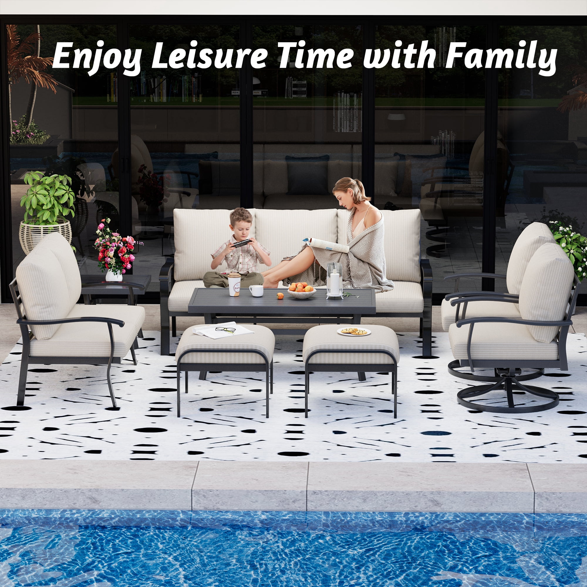 HOMREST Outdoor Furniture Thickened Cushion 360 Degree Swivel Rocking Patio Chairs with Ottomans and 3-Seat Sofa, Loveseat, Coffee Side Table, 8 PCS Metal Conversation Set for Garden, Deck, Poolside