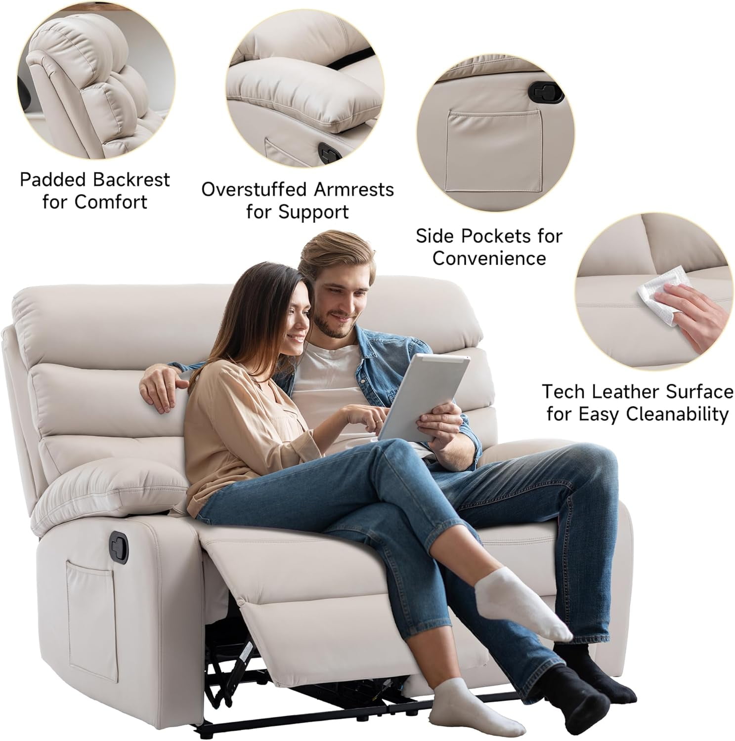 Chizzysit Loveseat Recliner Chair, Leather Double Reclining Chairs for Adults ,Love Seat Couches Sofa for Small Spaces Living Room, RV, Home Theater - Beige