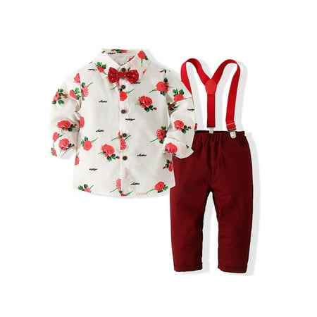 

Bslissey 2Pcs Kids Baby Boys Valentines Day Outfits Long Sleeve Floral Print Button Bowtie Shirt + Suspender Pants 9M-5T Toddler Gentleman Clothes