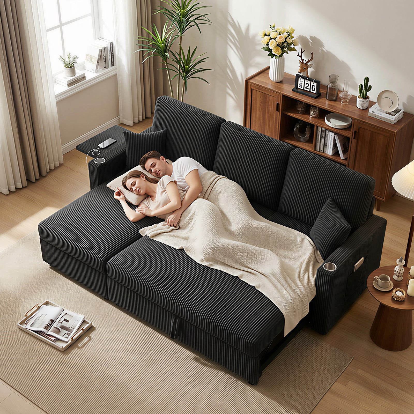 LLappuil Sectional Sofa, 84" Sectional Couch with Storage Chaise, Small Desktop, Cup Holders, Charging Port Convertible Sofa Bed, Corduroy Pull Out Sofa Bed for Living Room Black