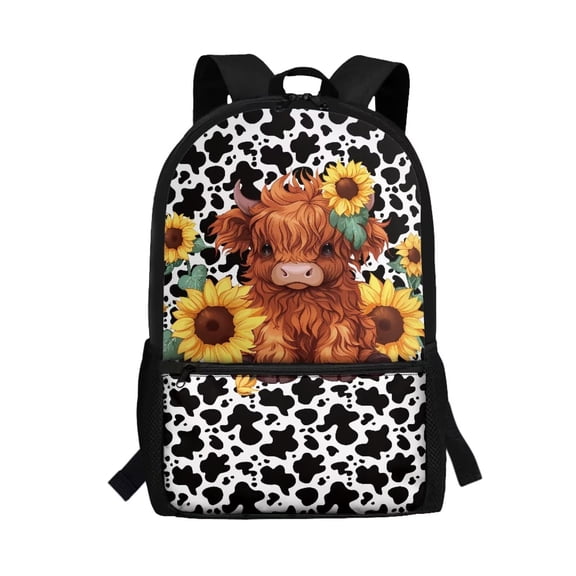 Binienty Highland Cow Sunflower Print School Backpack for Kids 6-14 Elementary Students 17 Inch Adjustable Straps Multiple Front Pockets Large Capacity Casual Travel Daypack
