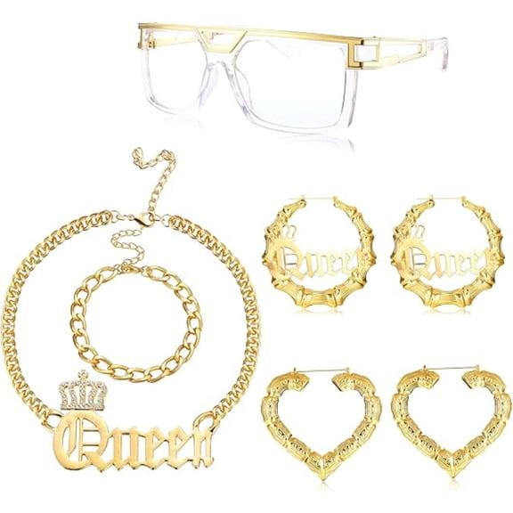 5-Piece Retro Hip Hop Accessory Kit, Shimmering Gold Necklace, Oversized Hoop Earrings, DJ Sunglasses & Bracelet, Ultimate 80s 90s Rapper Costume for Women & Teens
