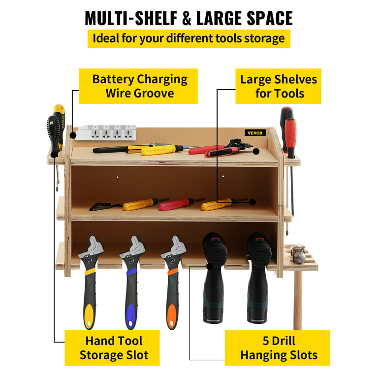 VEVOR Power Tool Organizer, Wall Mounted Drill Holder, 5 Drill Hanging  Slots Drill Charging Station, 2-Shelf Cordless Drill Storage, Polished  Plywood