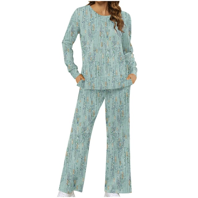 Pantalons pour Femmes, Hauts à Manches Longues pour Femmes, Mode Féminine Impression Non Positionnée Col Rond Ensemble Pantalon Fendu sur le Côté, Hauts à Manches Longues pour Femmes, Hauts à Manches Longues pour Femmes