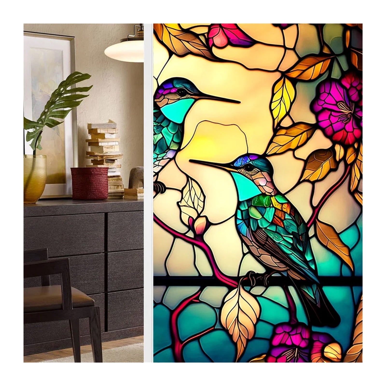 Window Privacy Film 40/60x100cm Colorful Retro Flower Birds Window Glass Electrostatic Stickers Removable Window Privacy Stained Decorative Film