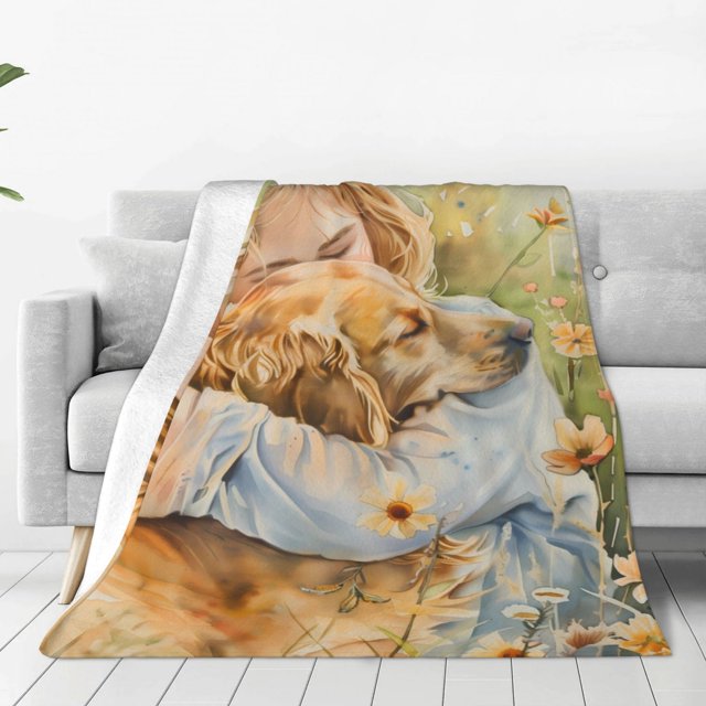 Balery Girl Hugging Dog Flowers Manta de Felpa Suave y Acogedora – Cobija de Franela Aterciopelada para Cama, Lavable y Cálida para Sofá, Mascotas, Transpirable-80"x60"