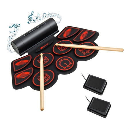 9-Pad Roll-Up Electric Drum Set, Portable MIDI USB Electronic Drum Kit with Built-in Dual Stereo Speakers