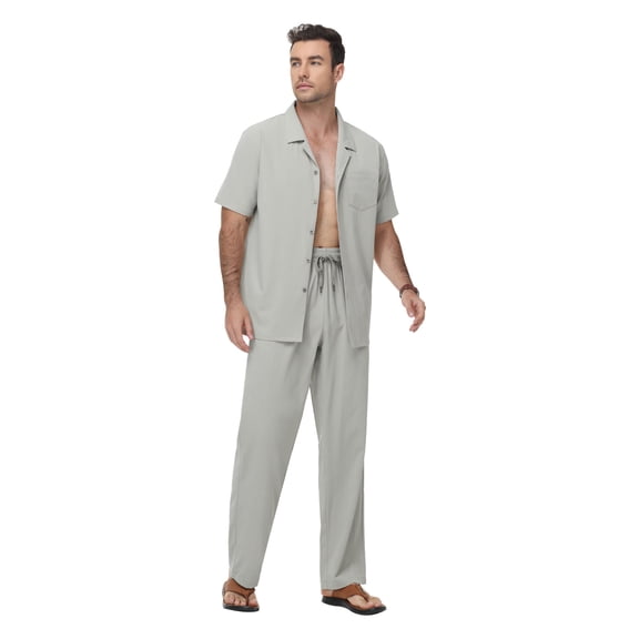 Men's Beach Outfit 2 Piece Casual Button Down Shirt Short Sleeve Loose Shirts and Pants Vacation Sets for Men