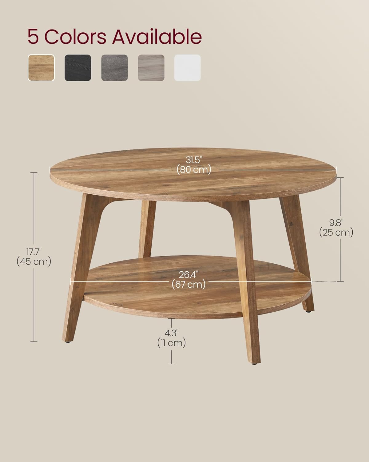 VASAGLE Round Coffee Table, 2 Tier Coffee Table with Storage, for Living Room, 31.5 x 17.7 Inches, Easy to Assemble, Honey Brown