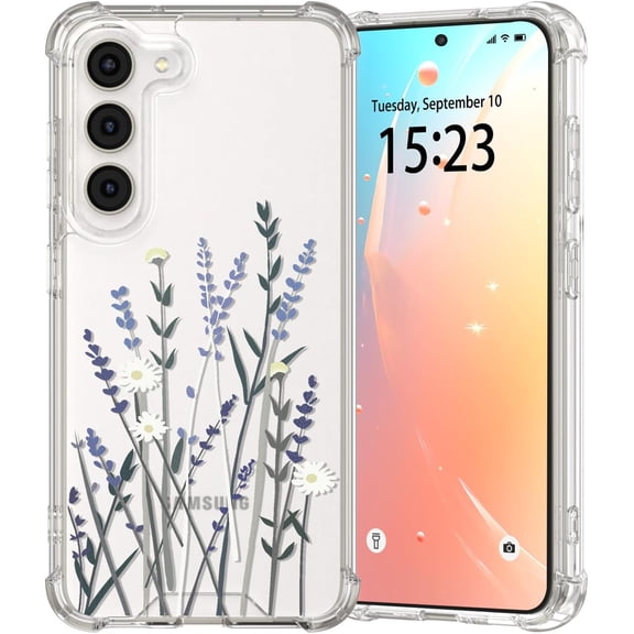 for Samsung Galaxy S23 Case, Floral Flowers Cute Clear Withe Design Aesthetic Pattern for Women Girls Slim Shockproof for S23 Phone Case, Purple Lavender