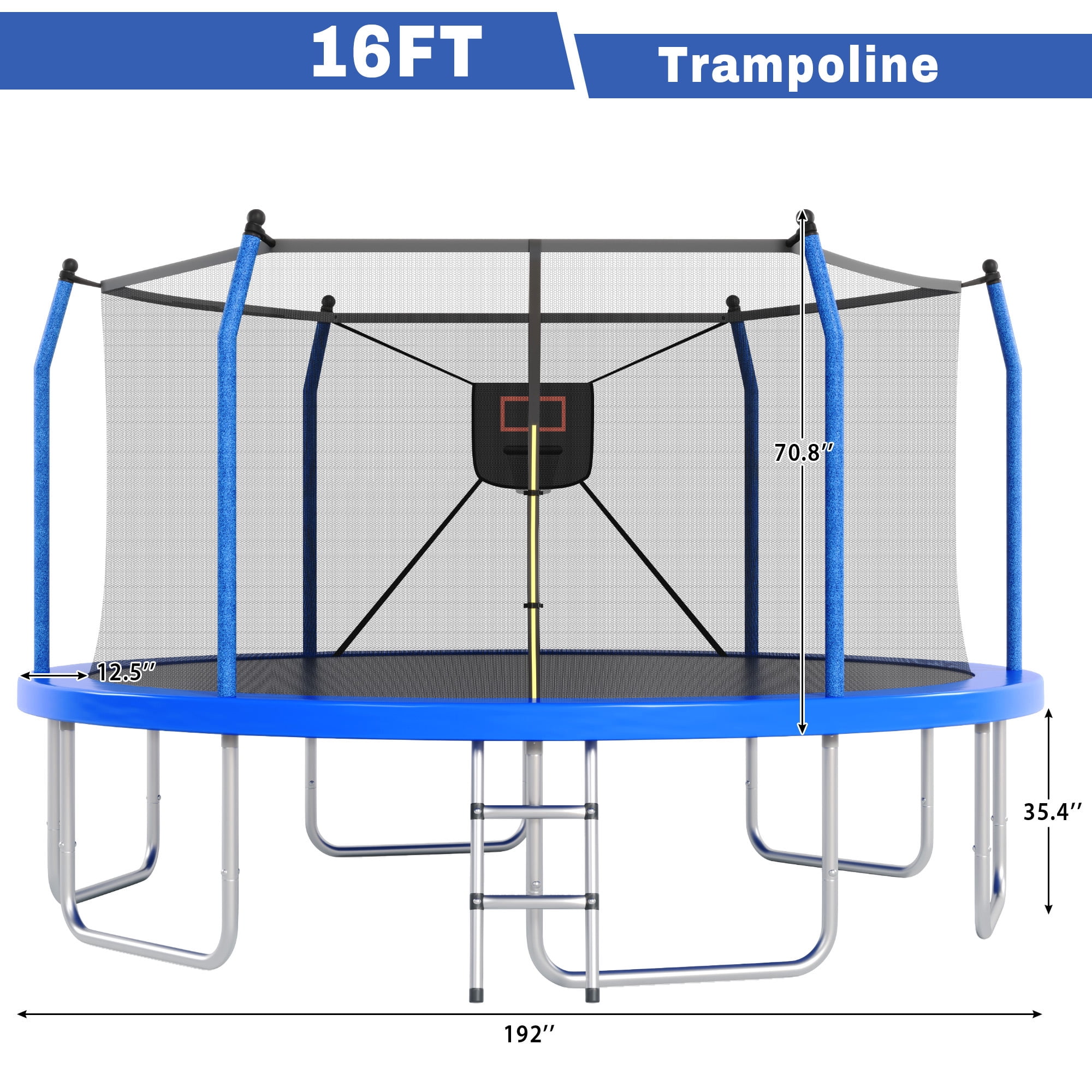 Arspjes 16FT Trampoline with Basketball Hoop and Lights, Outdoor Recreational Trampoine for Kids and Adults,Blue