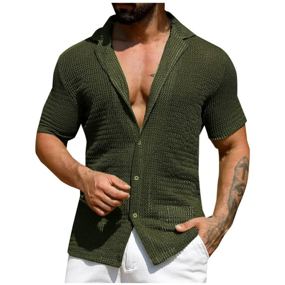 Crochet Knitted Shirts for Men Short Sleeve Button-Down Collar Tshirts Shirt Lightweight Hollow Out Breathable Casual Solid Beach Tees Tops