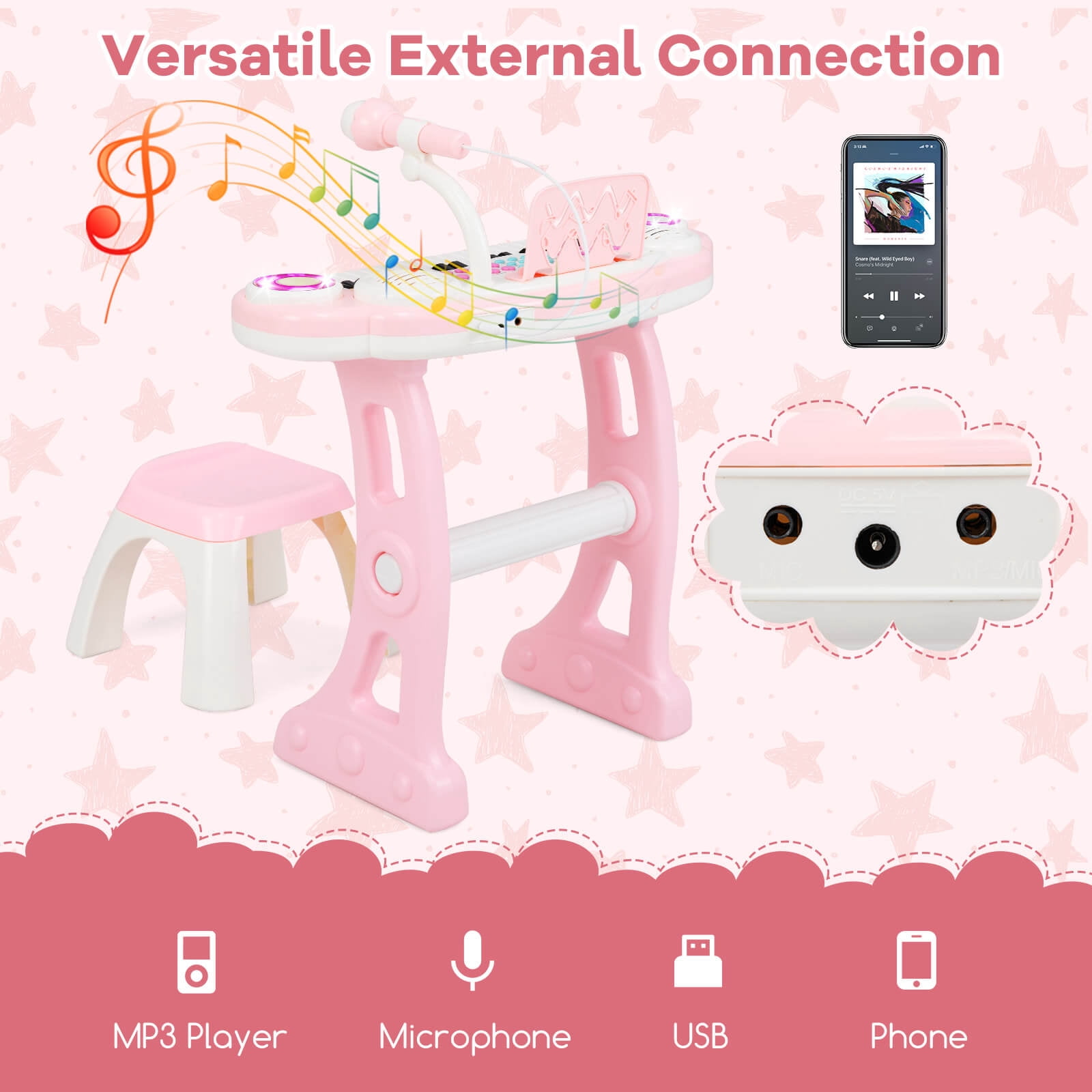Costway 37-Key Kids Piano Keyboard Playset Electronic Organ Light Pink