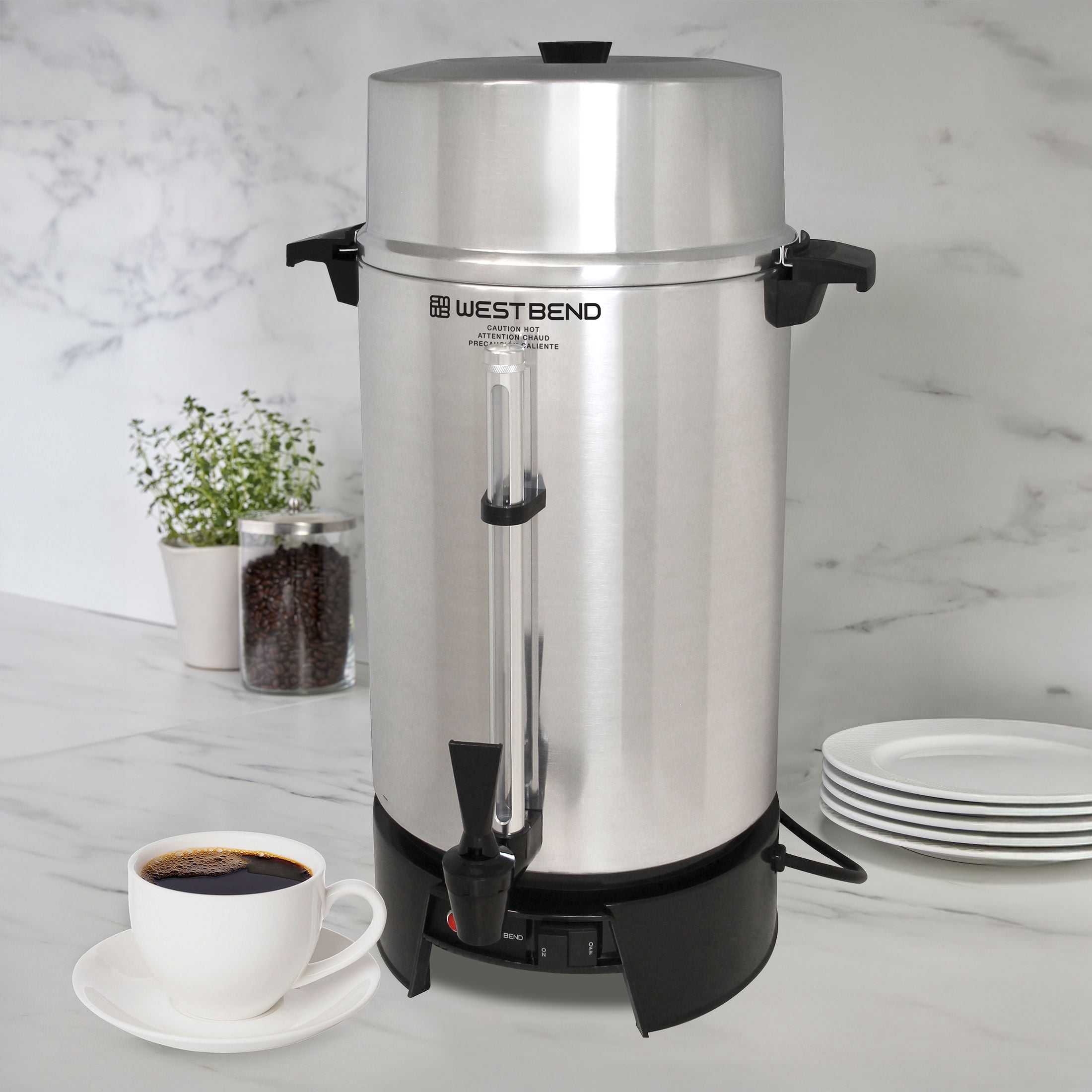 West Bend Coffee Urn Large Capacity Coffee Maker with Automatic Temperature Control, 100 Cup, in Silver
